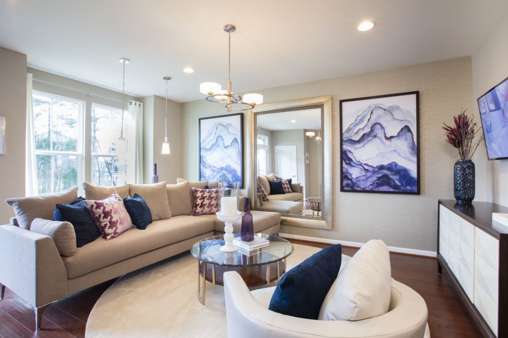blue and purple interior - feminine interiors - living room - contemporary